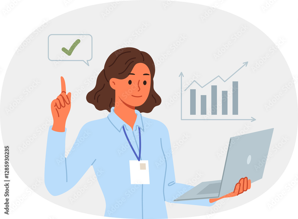 Business woman financial analyst holding laptop and pointing finger up reporting stock market trends. Girl financial analyst smiles, participates in professional conference for traders and investors