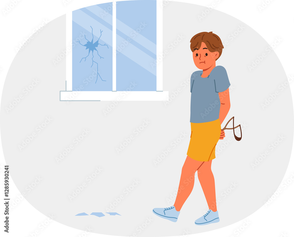 Hooligan boy broke window with slingshot and is afraid of punishment from parents for bad behavior. Hooligan child does pranks due to lack of upbringing or desire to attract attention.