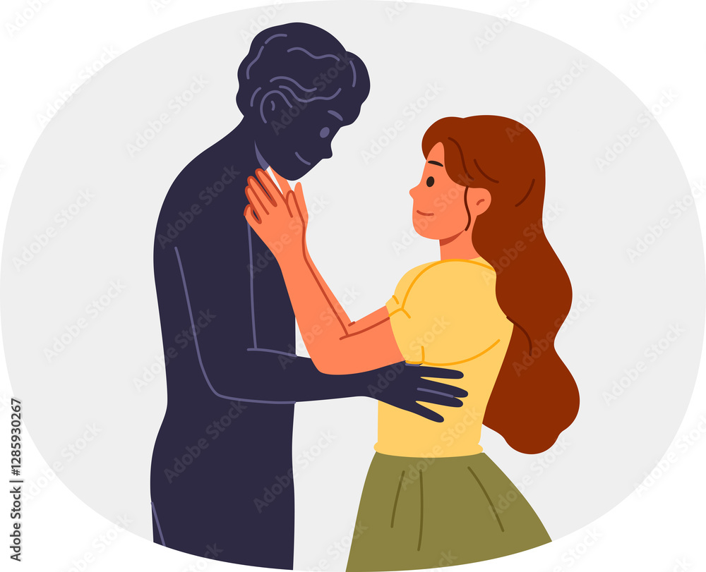 Woman with problems in relationship with imaginary boyfriend needs help of psychotherapist or sexologist. Smiling girl dreams of ideal relationship and visualizes dream groom, hugs ghost