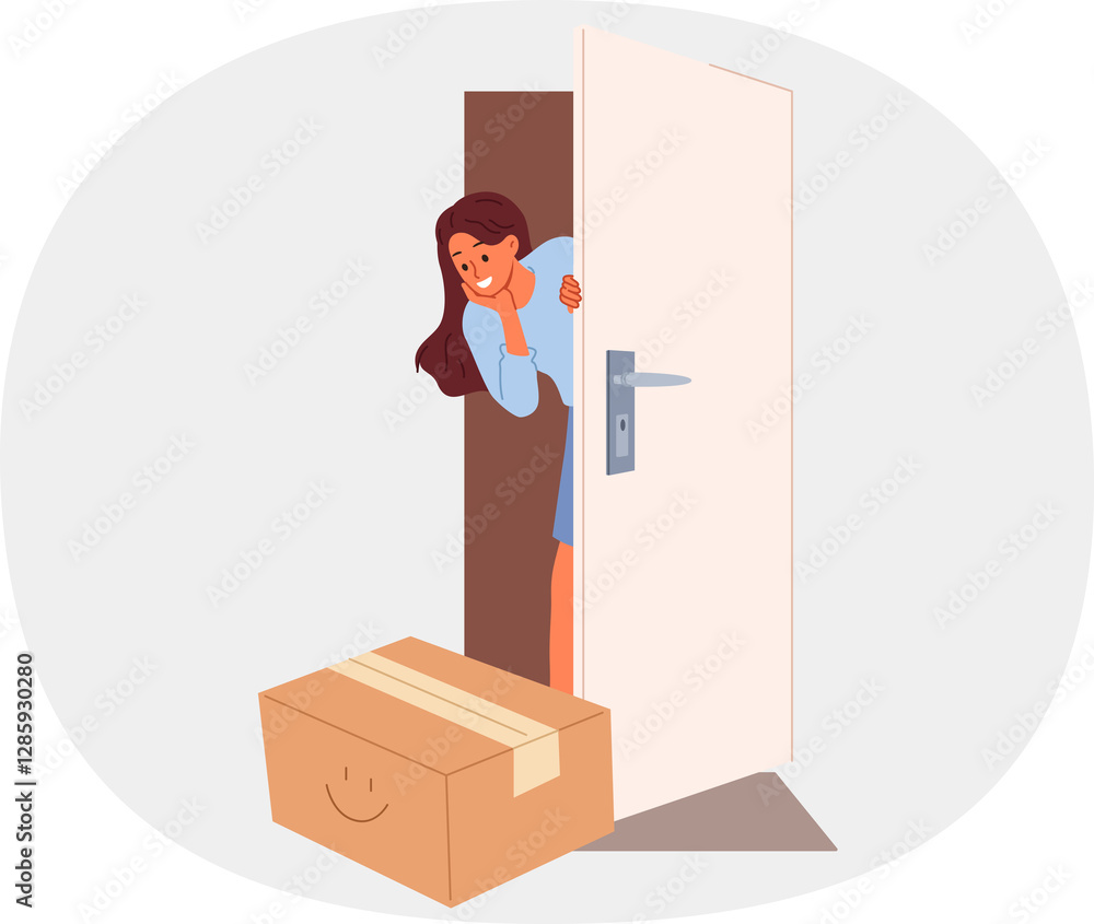 Woman rejoices at receiving package delivery by courier and looks out of apartment through open door. Targeted delivery from online store evokes positive emotions in girl who loves internet shopping