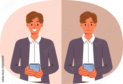 Obraz na płótnie Business man with mobile phone feels happy or sad after using application or receiving message from bank. Different user experience when testing new phone model with non-standard functions w salonie
