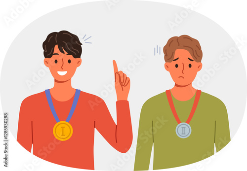 Obraz na płótnie Winner and loser with medals for first and second place around necks experience different emotions after tournament. Man who won medals rejoices, standing near guy who failed in sports competition w salonie