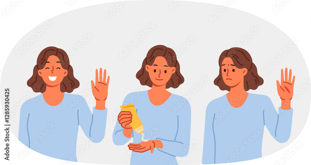 Women use hand cream to get rid of cracks in skin or to heal wound on palm. Hand cream helps skincare of young woman smiling after recovery, without going to doctor or going to clinic