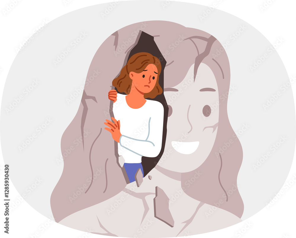Woman with psychological problems looks out of own destroyed image and needs psychotherapy session. Sad girl suffers from psychological disorder and apathy due to lack of motivation