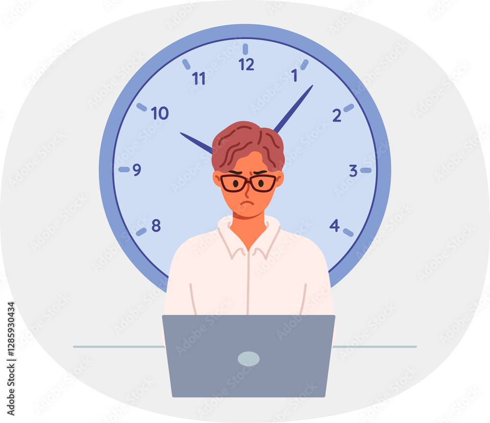 Approaching deadline for male freelancer working with laptop causes stress and desire to quit. Large clock reminds of deadline, and improves productivity of focused office clerk or manager.