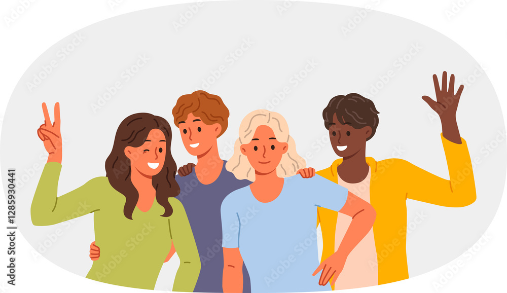 Multiethnic people pose for group portrait with friends during friday night party. Student friends of different nationalities smile and wave, happy to meet again and have opportunity to communicate.