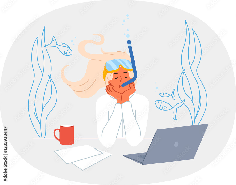 Business woman dreams of diving and opportunity to swim underwater among fish, sitting at desk with computer. Girl office clerk fantasizes about going on summer vacation to ocean coast for diving