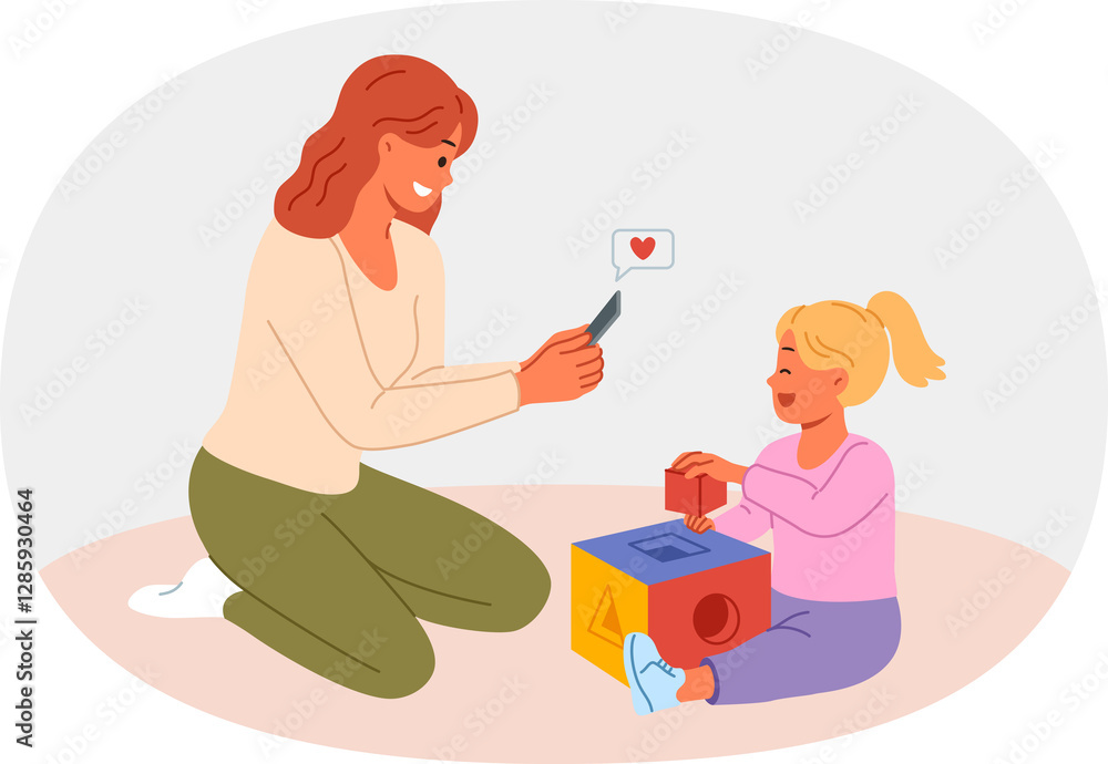 Happy mother takes photo of little daughter playing with blocks on mobile phone camera. Mother rejoices at success of pre-teen child demonstrating talent and readiness for development