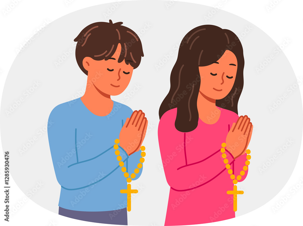 Christian children pray holding rosary with religious crosses and turning to god. Christian boy and girl from elementary school, demonstrating peace and humility before lord from bible