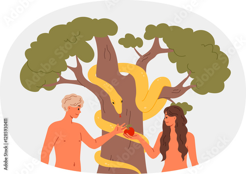 Obraz na płótnie Sin committed by adam and eve in garden of eden, plucking apple discord from tree with snake of temptation. Legend of original sin in christian religion and biblical stories about creation of mankind w salonie