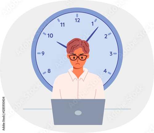Obraz na płótnie Approaching deadline for male freelancer working with laptop causes stress and desire to quit. Large clock reminds of deadline, and improves productivity of focused office clerk or manager. w salonie