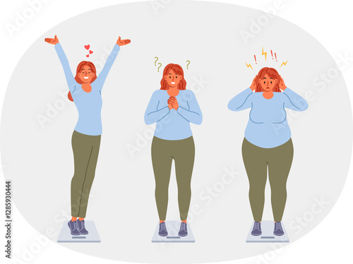 Obraz na płótnie Progress in weight loss for overweight woman who quickly loses extra pounds thanks to right diet. Girl rejoices at weight loss and opportunity to get slim and beautiful body, stands on scales w salonie
