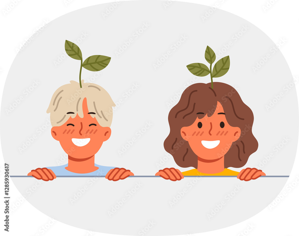 Happy children with plants sprouting from heads, smiling showing commitment to caring for environment. Concept of growing kids thinking about environment and sustainable development of planet