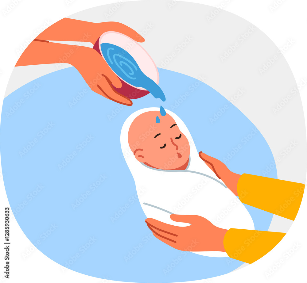 Ritual of baptism for infant in christian religion, and use holy water in church, to protect child from evil forces. Hands watering baby from bowl during baptism and choosing godmother and godfather