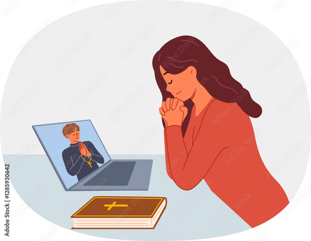 Woman prays sitting in front of laptop and watching video broadcast with priest from christian church. Catholic girl praying, captivated by watching online sermons of catholic diocese
