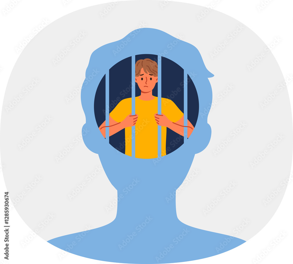 Man hostage to own psychological trauma, sits in prison inside head and needs psychotherapist. Guy with psychological trauma experiences stress and melancholy due to unwillingness to fight for success