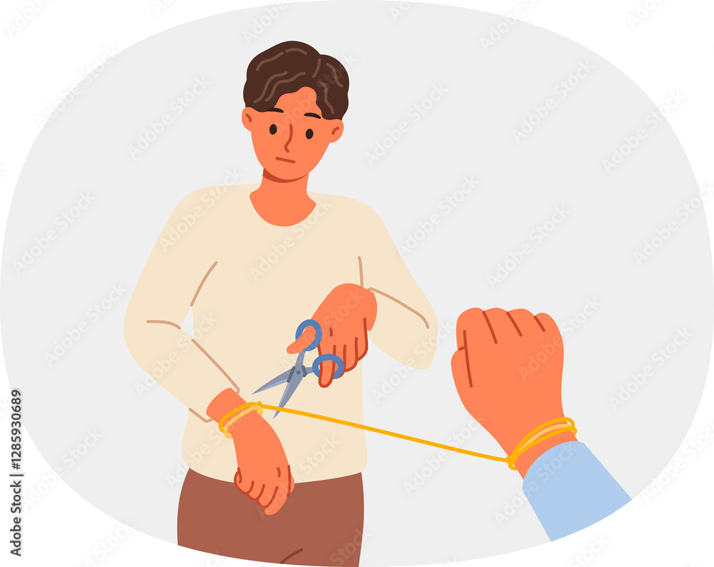 Man breaking up with woman and cuts rope on hand, due to lack of love after betrayal. Breaking up with girlfriend after toxic relationship that negatively affects psychological health