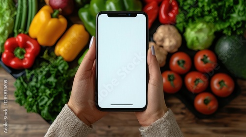 Using a Blank Smartphone Over Fresh Vegetables for Healthy Recipes
