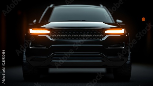 Black car with a bright orange grill. The car is in a dark room