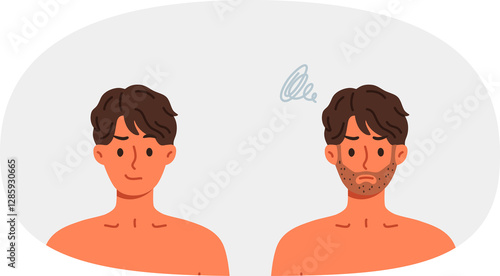 Obraz na płótnie Unshaven man was transformed and became handsome after using razor with sharp blade. Guy recommends new shaving foam or high-quality razor that allows you to avoid discomfort and itching w salonie