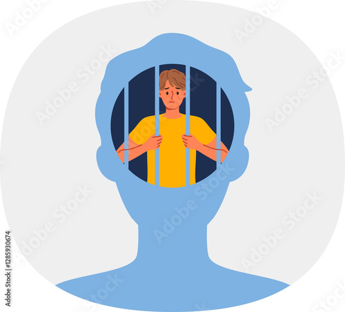 Obraz na płótnie Man hostage to own psychological trauma, sits in prison inside head and needs psychotherapist. Guy with psychological trauma experiences stress and melancholy due to unwillingness to fight for success w salonie