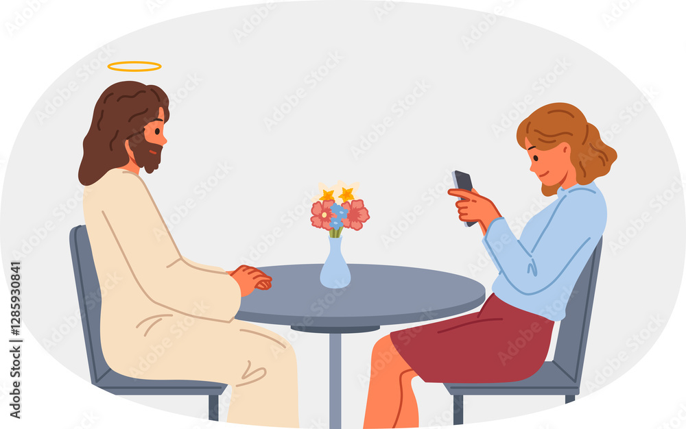 Jesus christ sits at table near woman with mobile phone, as metaphor for presence of god nearby. Jesus christ helps girl who believes in christian religion, saving from rash actions