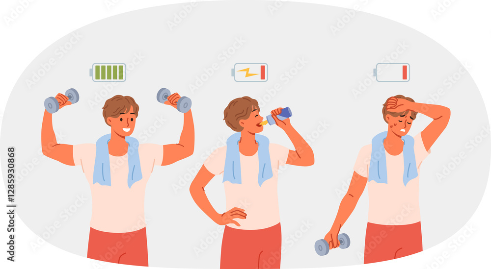 Exhausted athlete drinks energy drink and lifts heavy dumbbells, thanks to effectiveness of taurine. Tired guy working out in fitness club using energy drink to replenish strength.