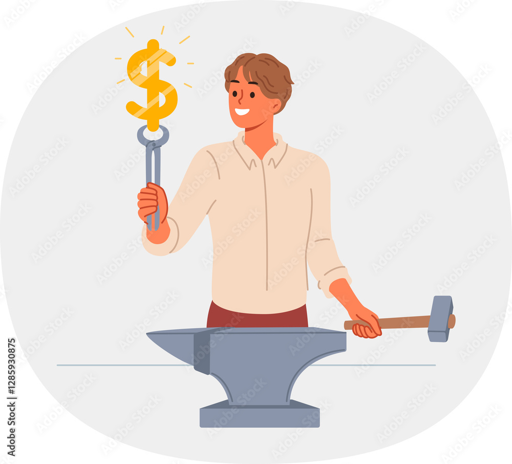 Business man doing money making, using anvil and hammer to produce dollar symbol. Guy demonstrates money making skills, thanks to professional analysis and cool ideas that bring profit
