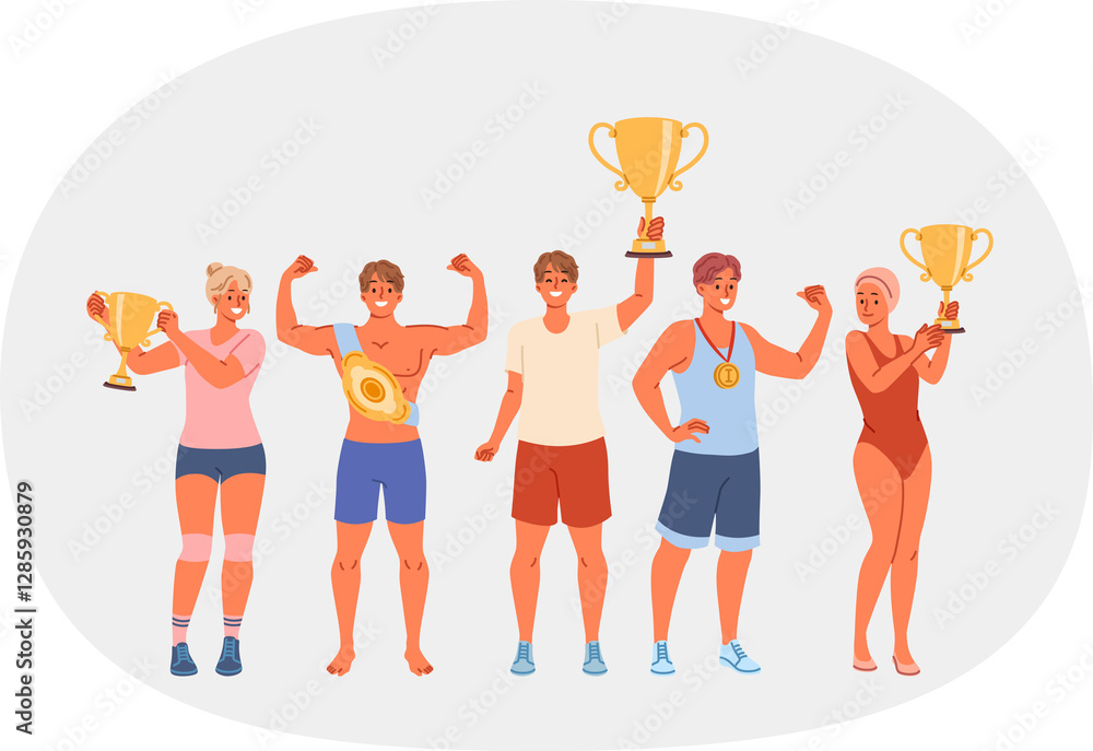 Several athletes with gold cups and medals boast of achievements and trophies received at international olympics. Successful sportsmen with trophies for winning team running or swimming tournament