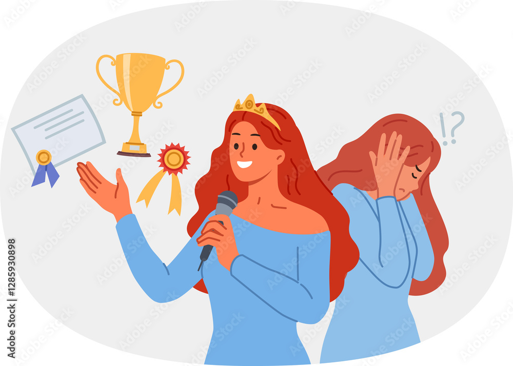 Woman with impostor syndrome experiences stress despite having victories and achievements in life. Psychological problems and impostor syndrome in girl standing near cup and certificate