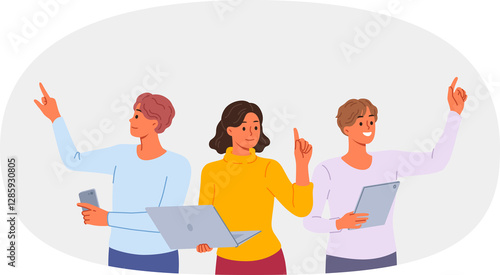 Team of freelancers with gadgets, working together on complex project, stretching out hands to virtual screens. Freelancers use modern technologies to fulfill orders from online clients