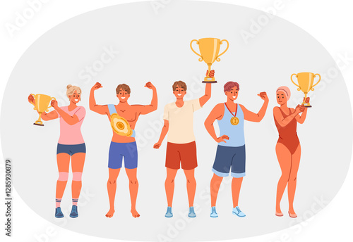 Obraz na płótnie Several athletes with gold cups and medals boast of achievements and trophies received at international olympics. Successful sportsmen with trophies for winning team running or swimming tournament w salonie