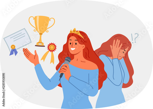 Obraz na płótnie Woman with impostor syndrome experiences stress despite having victories and achievements in life. Psychological problems and impostor syndrome in girl standing near cup and certificate w salonie