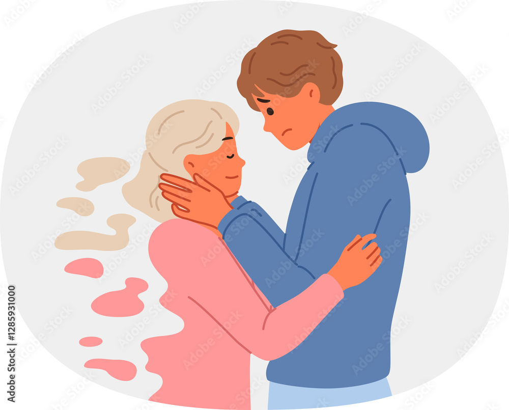 Widower man remembers deceased bride, hugging ghost of girl and refuses to believe in end of relationship. Widower suffers from loss of beloved and needs support to avoid depression.
