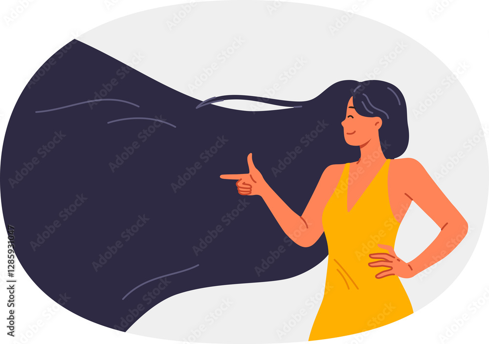 Woman with beautiful smooth hair recommends shampoo for getting perfect hairstyle and points finger to side. Girl is proud of hair health achieved thanks to high-quality shower and hygiene products