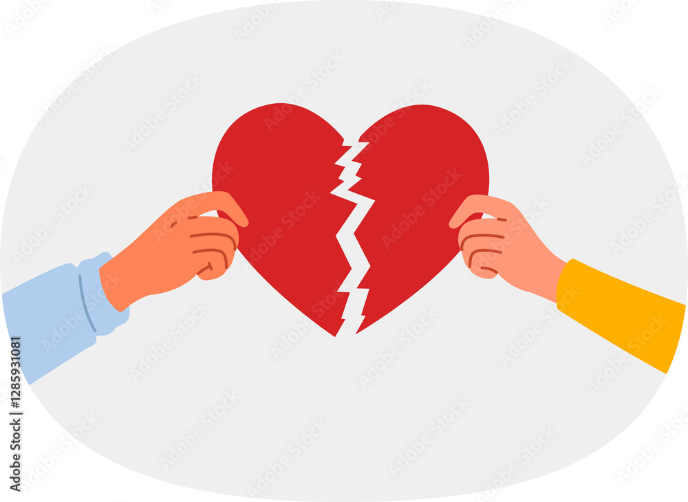Broken heart symbolizing separation and destruction of relationships in hands of people who have become victims of family quarrel. Couple shows broken heart after divorce and problems in marriage