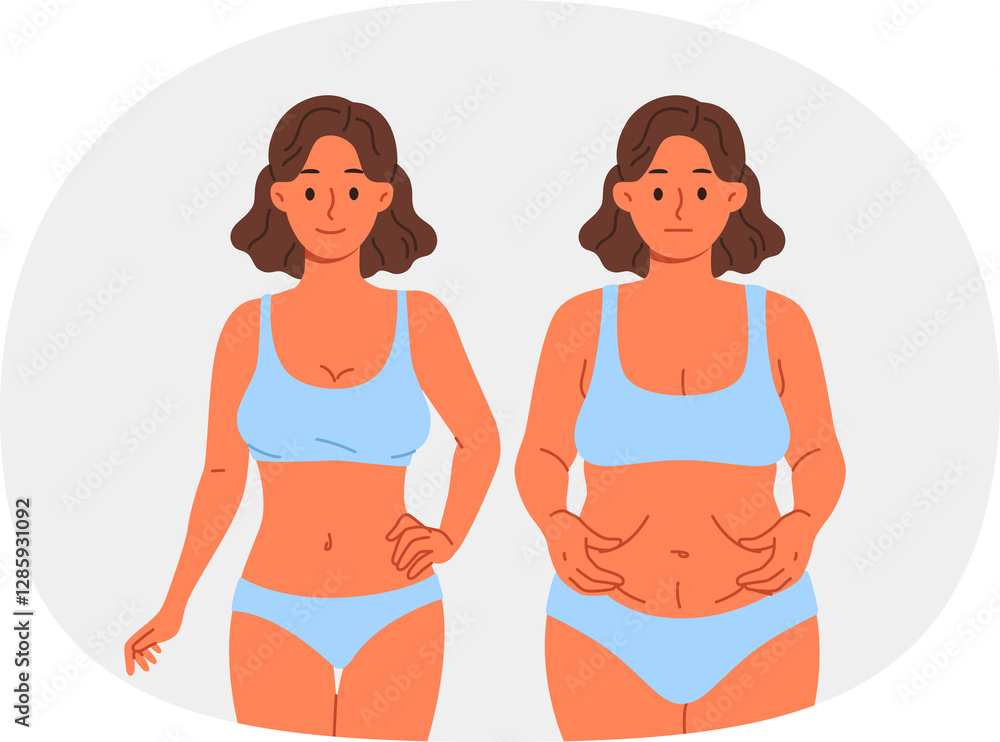 Thinner woman compares result before and after using new diet or joining fitness club with personal trainer. Thinner girl in swimsuit shows off excellent effect of liposuction done by surgeon