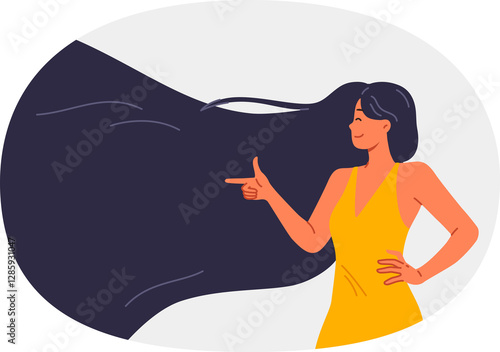 Obraz na płótnie Woman with beautiful smooth hair recommends shampoo for getting perfect hairstyle and points finger to side. Girl is proud of hair health achieved thanks to high-quality shower and hygiene products w salonie
