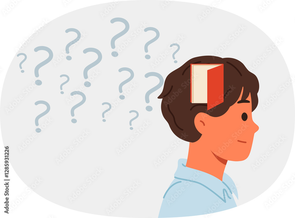 Memory problems in man standing near question marks with open door in head, symbolizing alzheimer disease. Guy experiences memory problems and suffers from onset of scoliosis and dementia at young age
