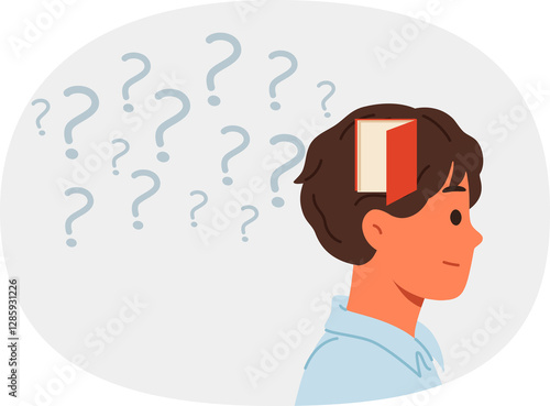 Memory problems in man standing near question marks with open door in head, symbolizing alzheimer disease. Guy experiences memory problems and suffers from onset of scoliosis and dementia at young age