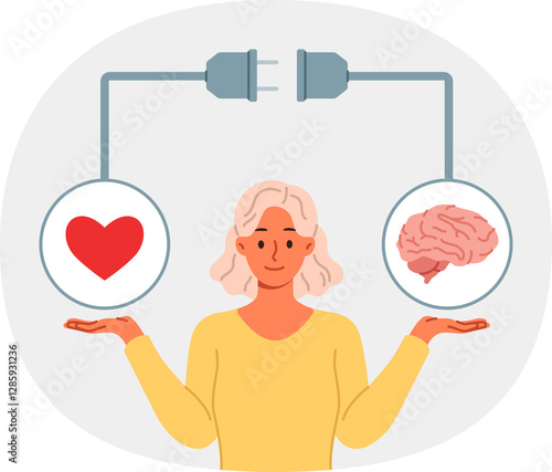 Woman tries to achieve balance between feelings and intellect by holding symbols of heart and brain in hands. Positive girl maintains life balance or harmony to avoid personality destruction