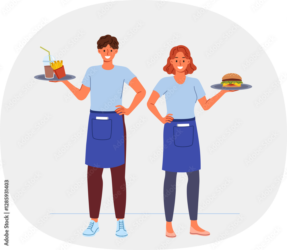 Waiters from fast food restaurant work together to deliver customers order, holding burgers and fries on trays. Man and woman working as waiters in cafe, enjoying jobs in hospitality industry
