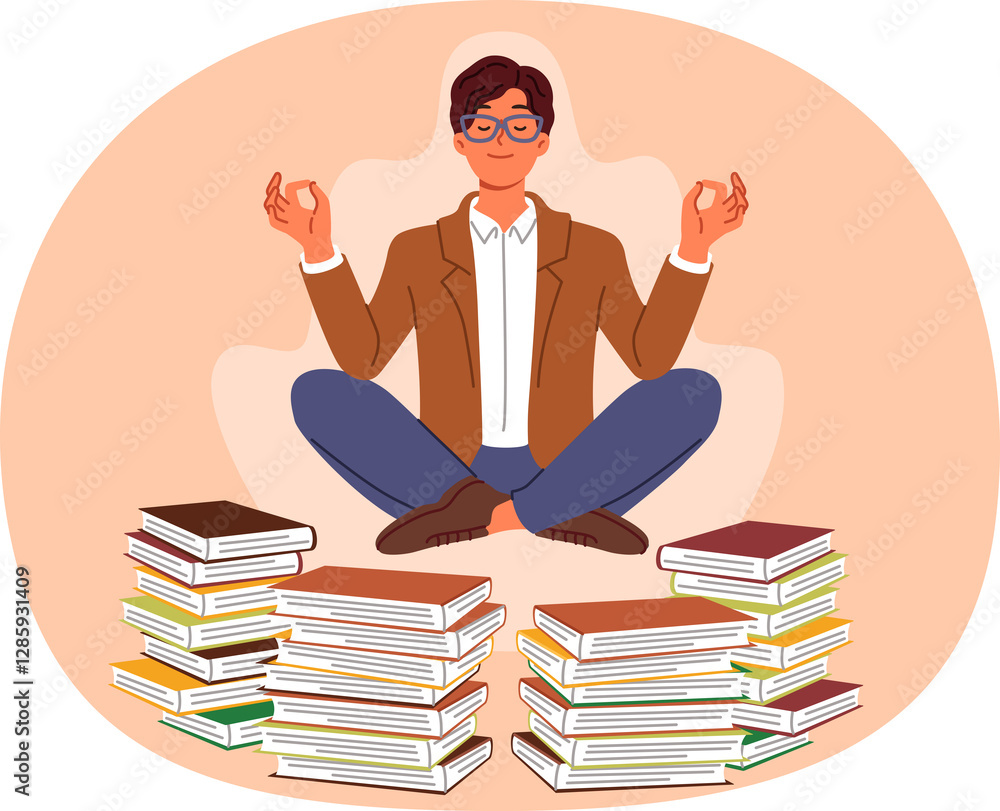 Man does yoga and meditation, taking break from reading books, levitating in lotus position to restore energy. Guy will become interested in yoga practices that help maintain good mental health