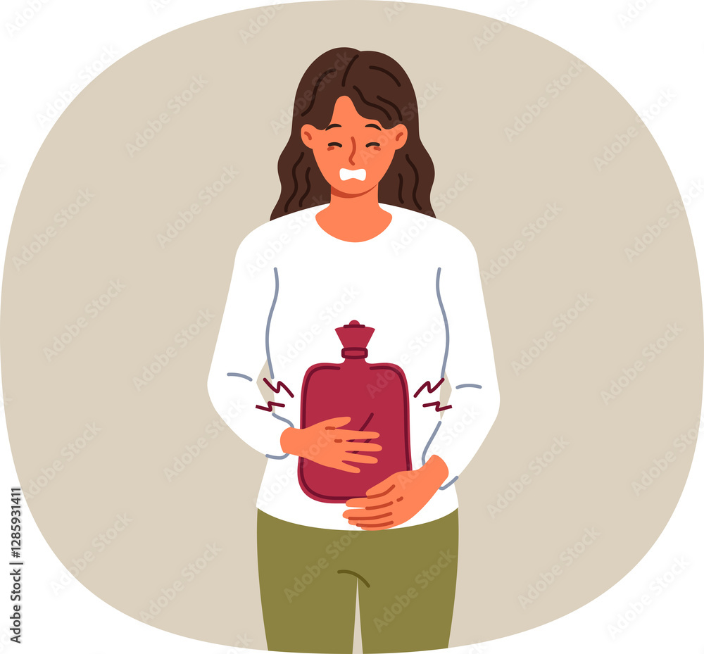 Suffering sick woman uses rubber heating pad to relieve abdominal pain caused by menstrual cycles. Sick girl needs doctors help or medicine to treat problems with digestive system.