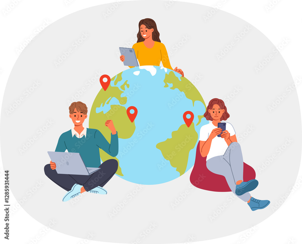 Team of business people works remotely from different countries, sitting with gadgets near globe. Team of two women and man uses internet to connect with friends on other continents