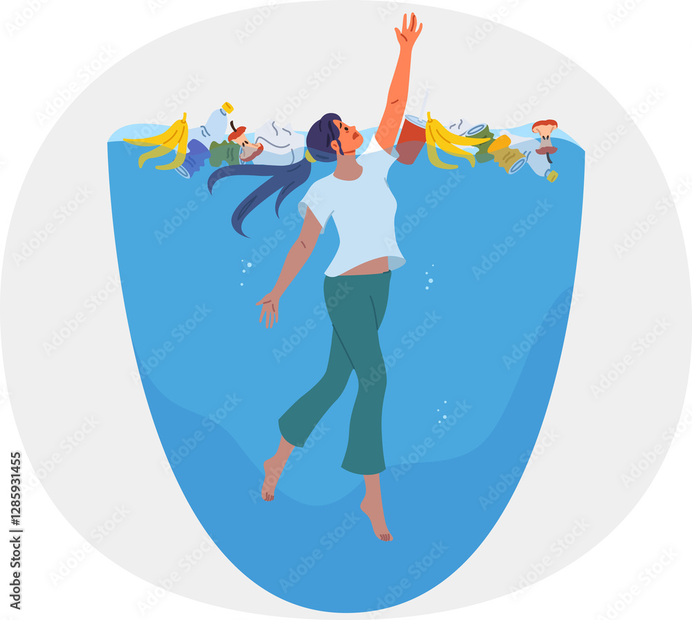 Woman floats in water among pile of garbage, suffering due to ocean pollution causing disruption to ecosystem. Ocean pollution needs fixing to combat climate change and microplastic poisoning animals