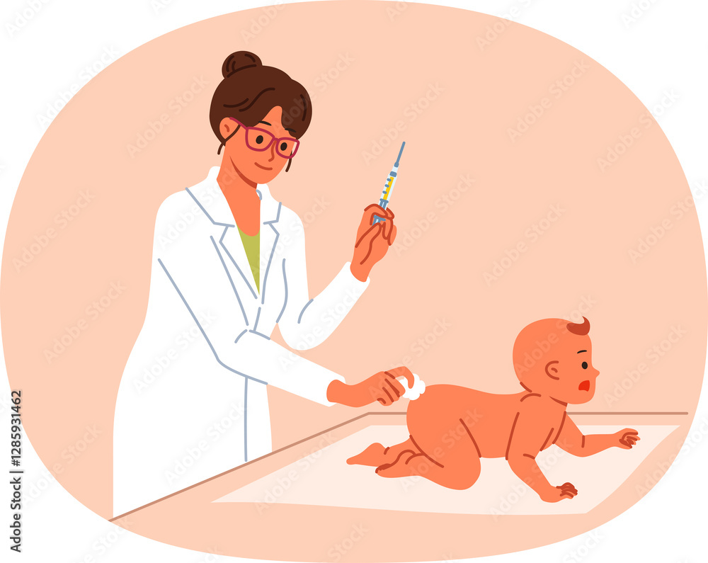 Woman pediatrician gives injection in butt of infant to preventively protect newborn from viruses. Pediatrician girl vaccinates small patient, holds syringe with medicine that improves immunity.