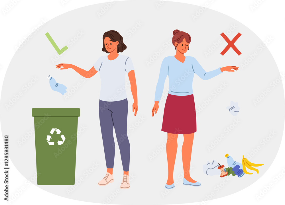 Conscious woman throwing plastic into trash can, standing near deep girl throwing waste on ground. Concept of population literacy in recycling waste and developing caring attitude towards environment