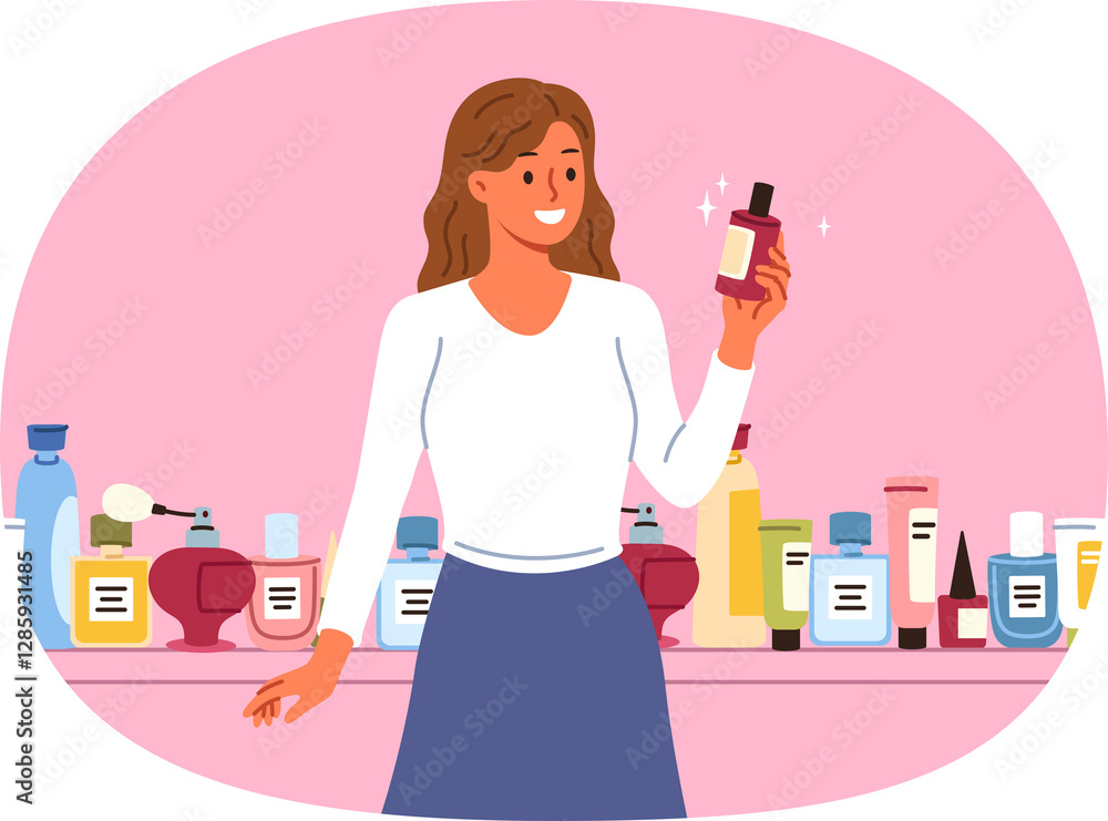 Woman cosmetologist chooses best perfume or lotion to remove wrinkles, standing near shelf with large assortment of cosmetics. Girl cosmetologist with smile demonstrates new skin care gel