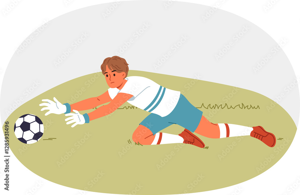 Goalkeeper guy plays football and jumps for ball, protecting goal from enemy team. Teenage boy is interested in football and dreams of becoming professional player from famous club.